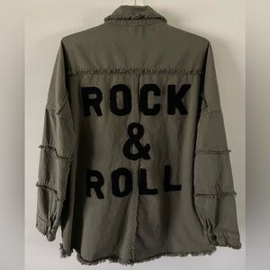ELAN Rock & Roll Shirt Jacket Frayed Rag Puffy Letters 3D Green Size M Shacket